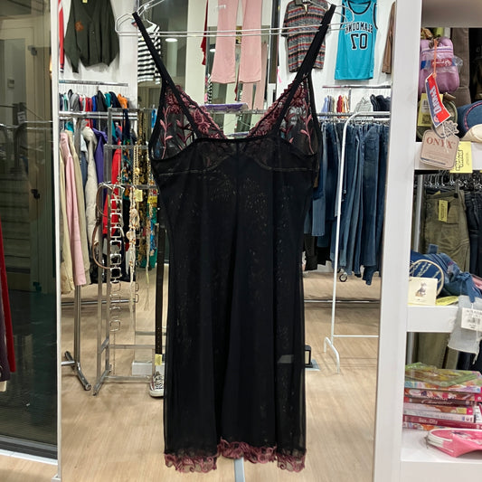 rosapois '00s abito slip in rete nero con pizzo rosa