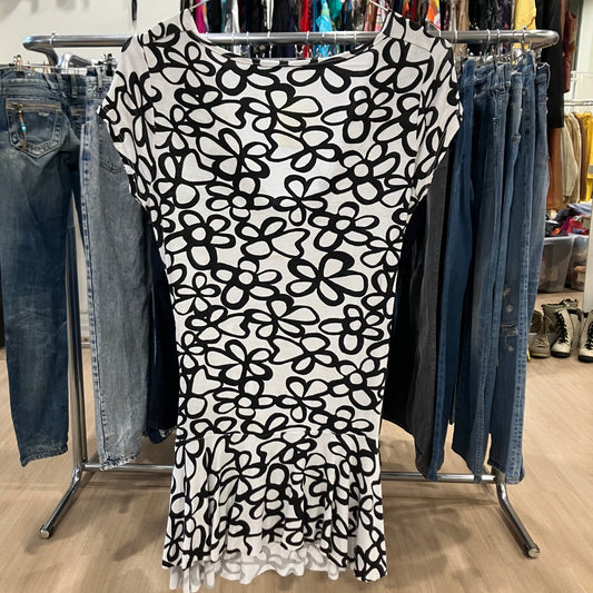 white black floral minidress with draped neck and maxi jewel buckle