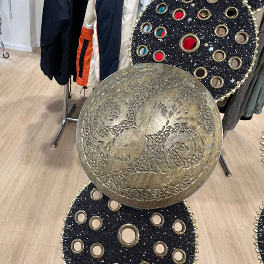 00s black glitter disc belt with 70s tribal brass metal buckle