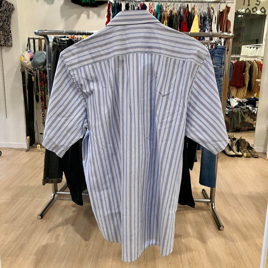Blue and white striped short sleeve button up shirt