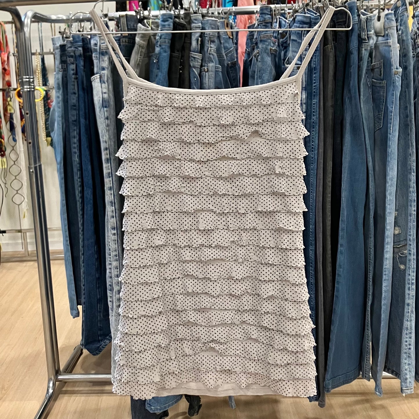 promod beige frilled cami top with mini black polka dots