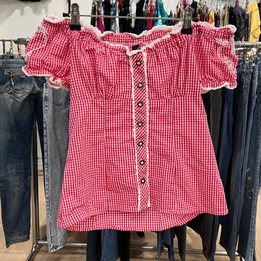 amisu white red gingham sinched off the shoulder short sleeve shirt