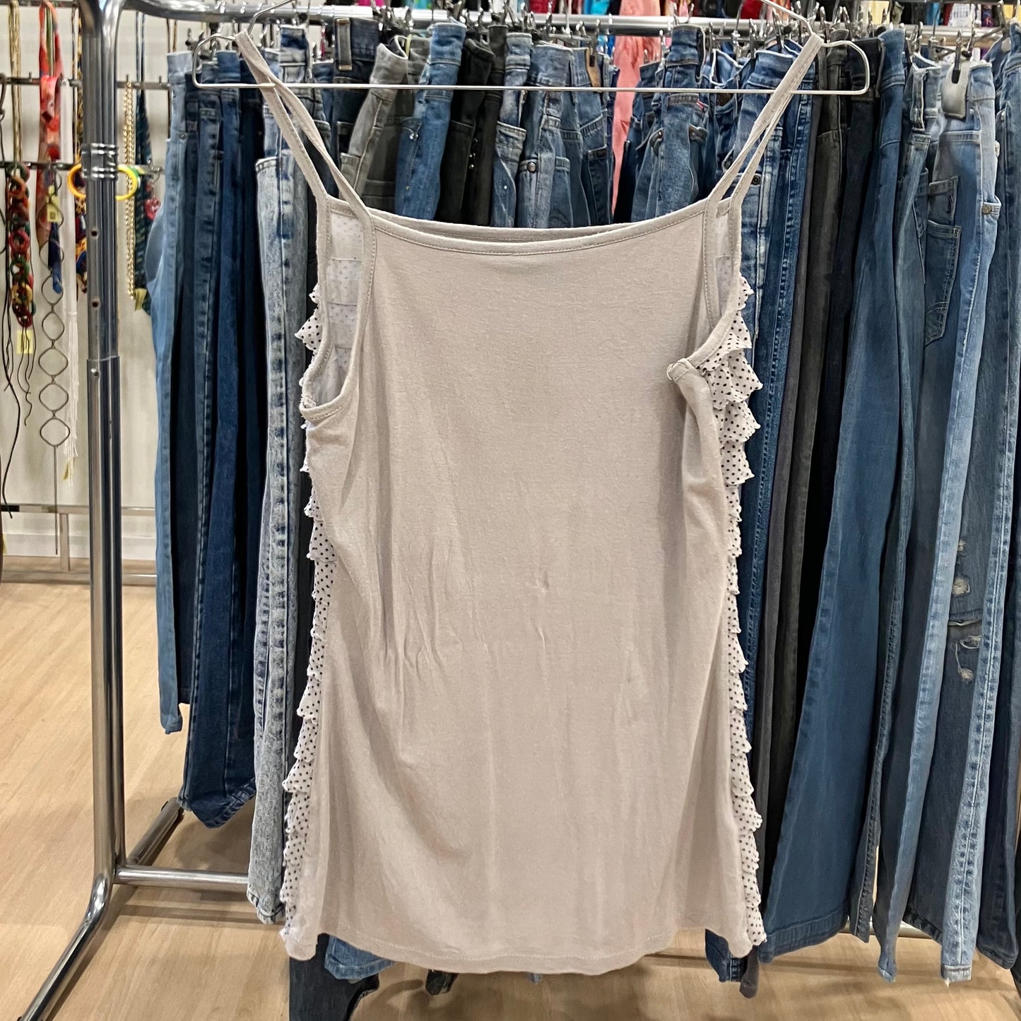 promod beige frilled cami top with mini black polka dots