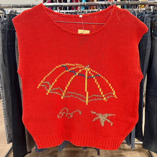 red knit sweater vest with umbrella embroidery