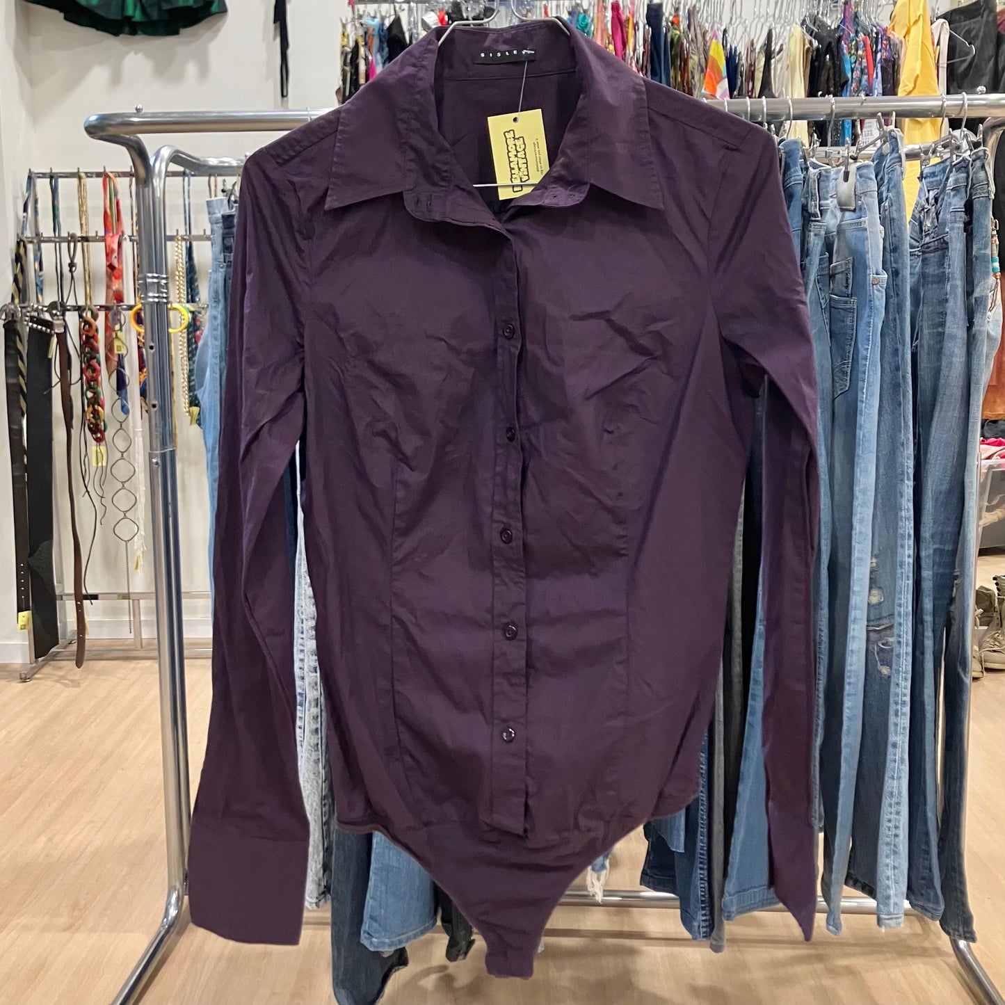 sisley purple long sleeve thong bodysuit shirt