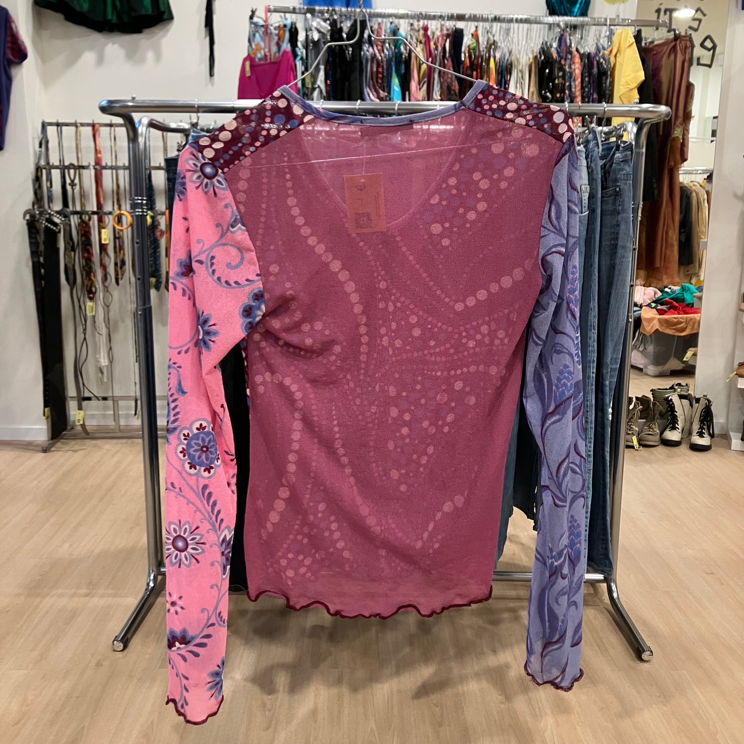 stress burgundy purple mesh floral lettuce hem long sleeve top