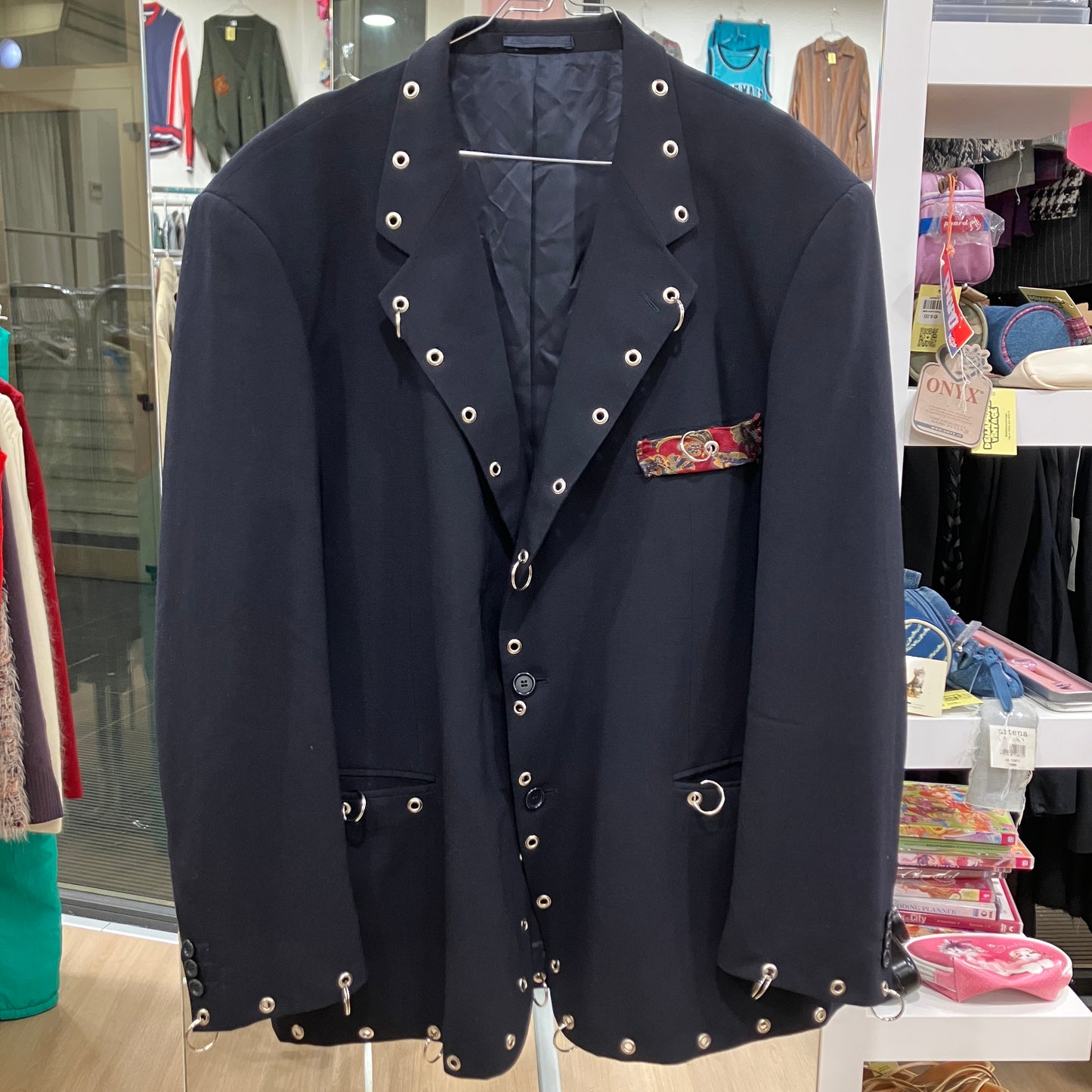 fioravante 90s navy blue wool tailored blazer reworked with silver grommets and rings