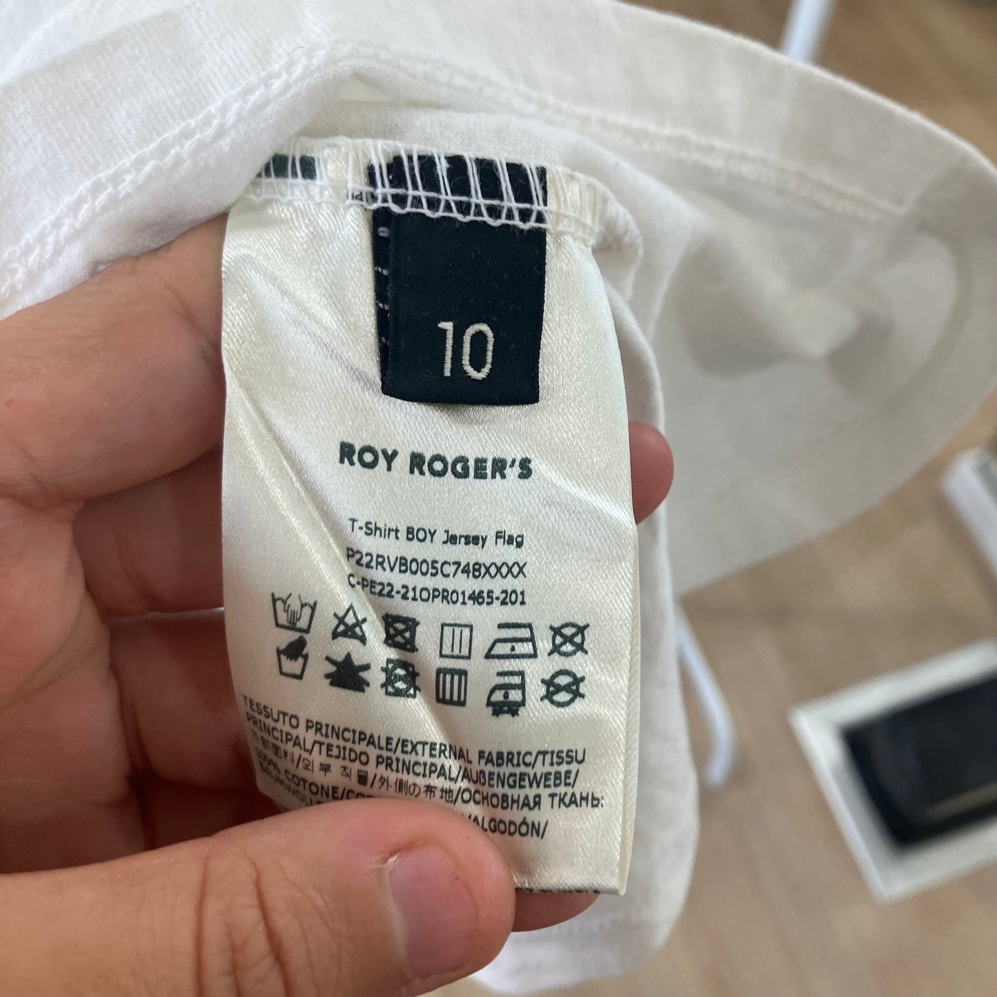 Close-up of a Roy Rogers label on a white shirt