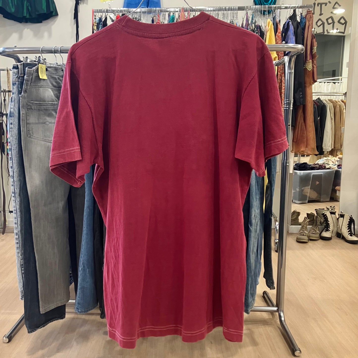 double apple burgundy tee with blue om meditation graphic