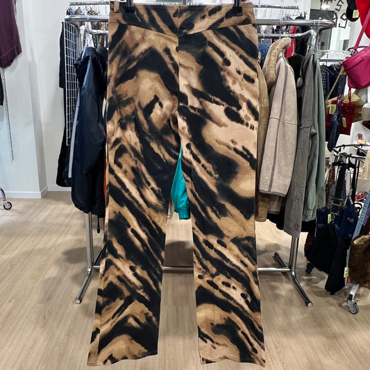 axon 00s tiger print black tan flared pants with gold glitter