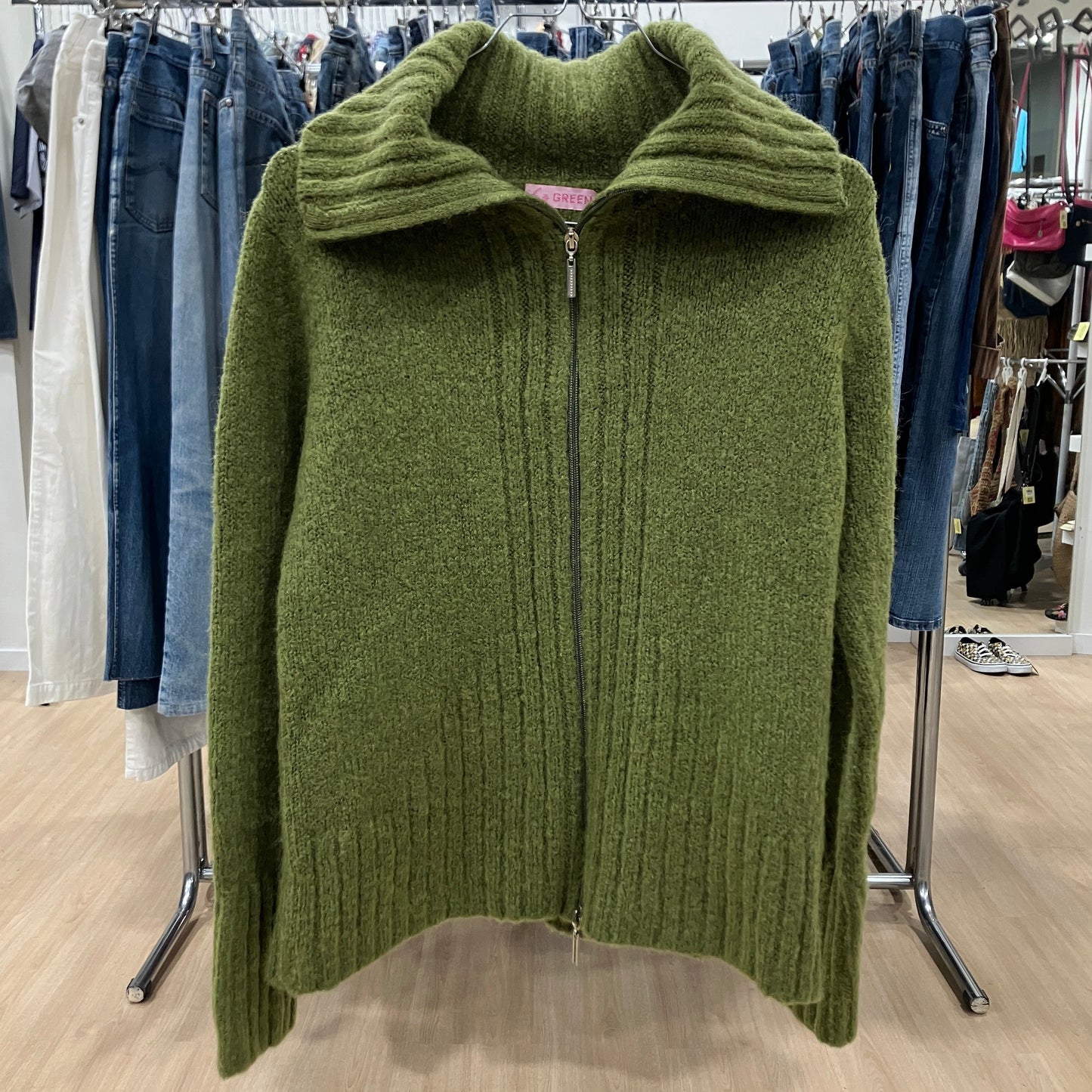 green 00s green wool zip up sweater