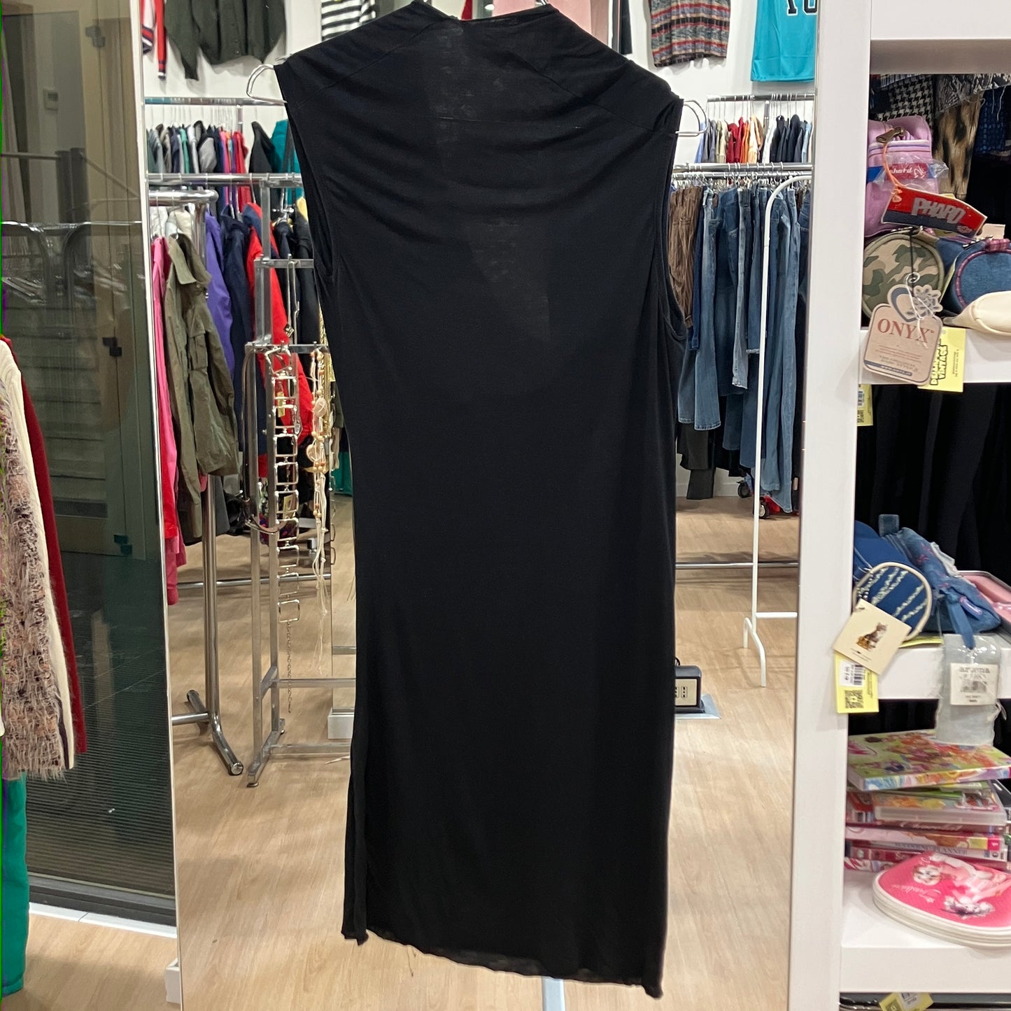 max&co '00s abito mini smanicato nero con scollo drappeggiato asimmetrico
