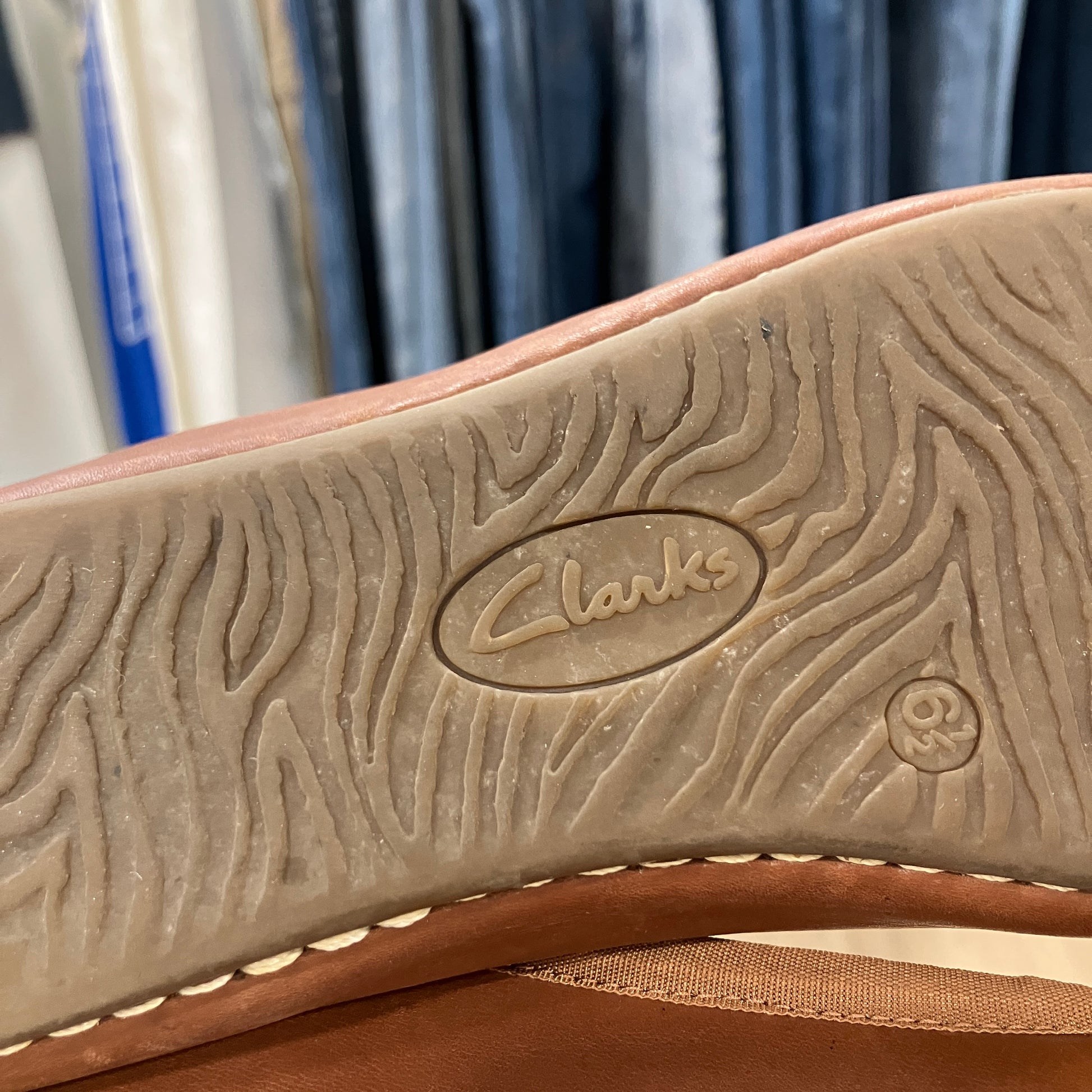Close-up of a Clarks shoe sole with tread pattern