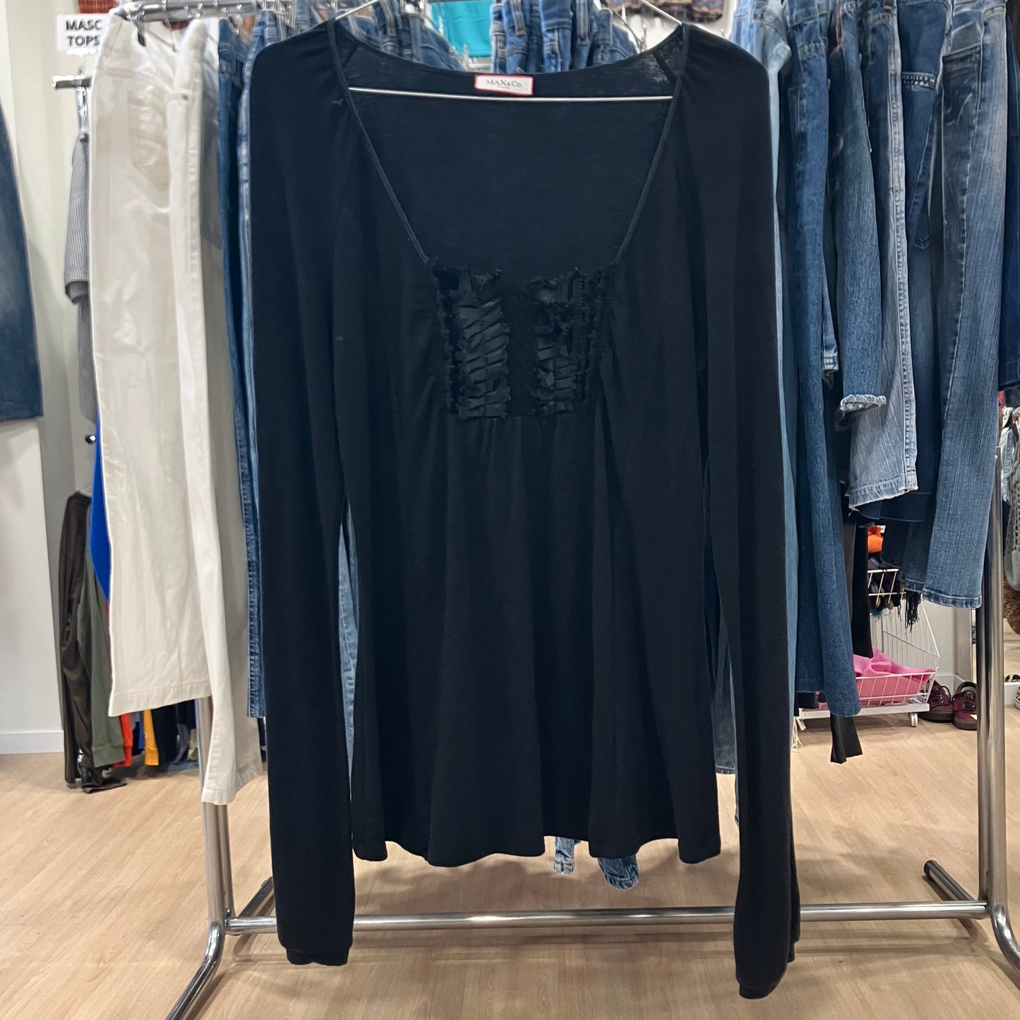 max&co '00s top manica lunga nero con balze in pizzo