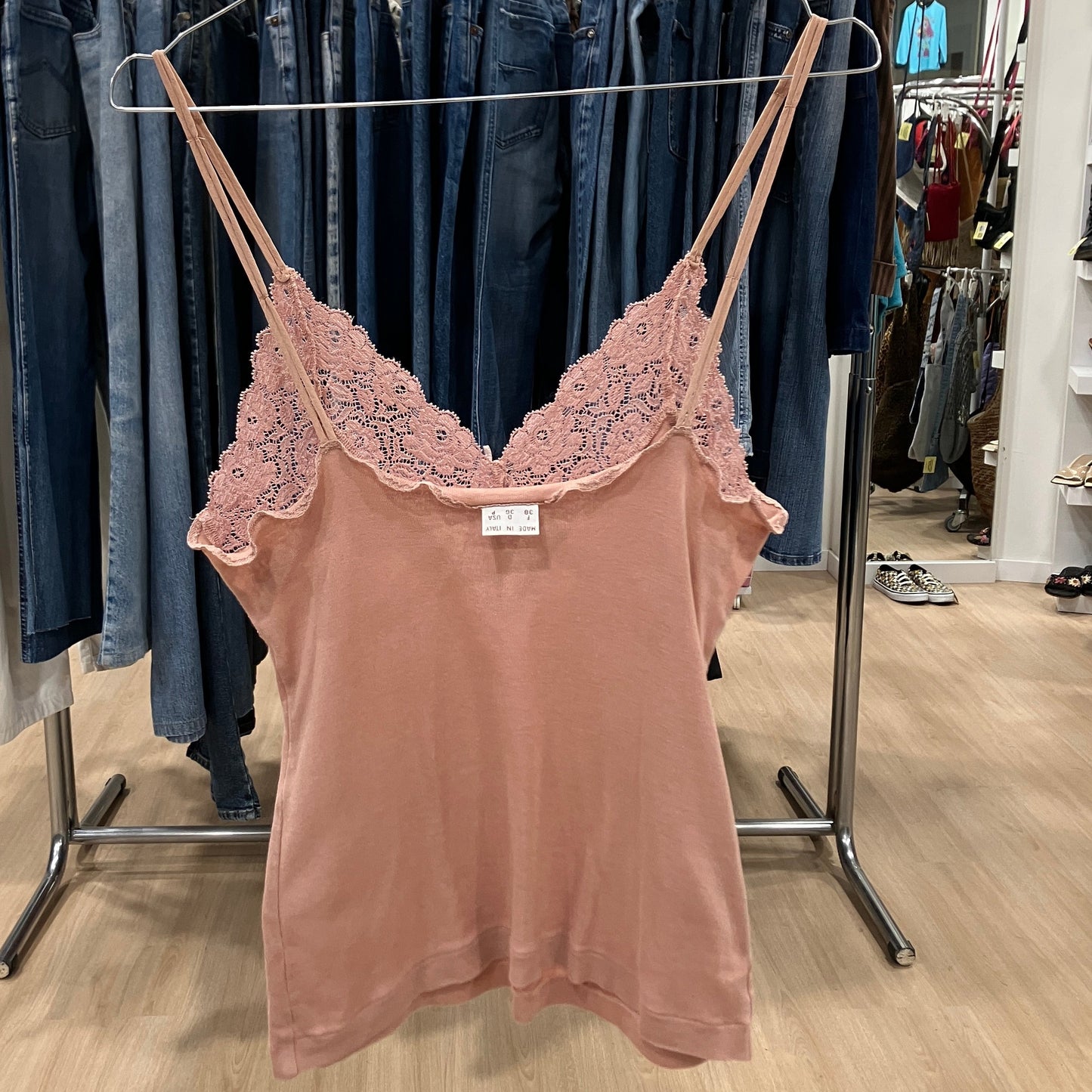 malizia la perla '00s top cami a costine rosa polvere con pizzo
