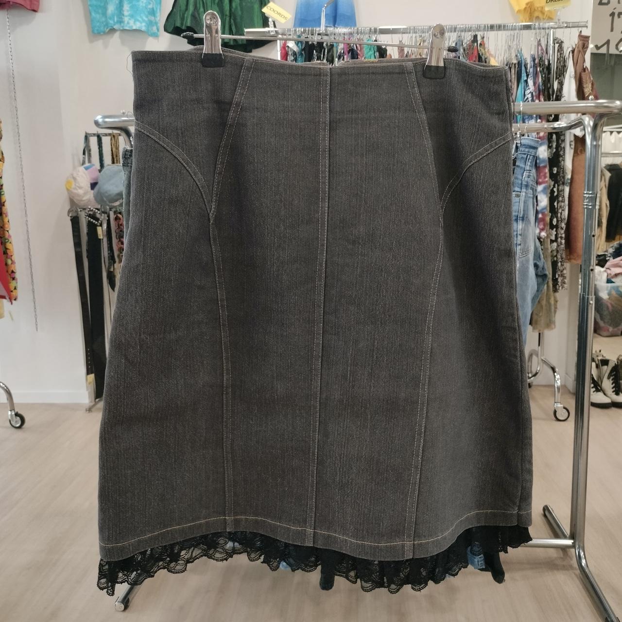 dark grey denim midi skirt with lace