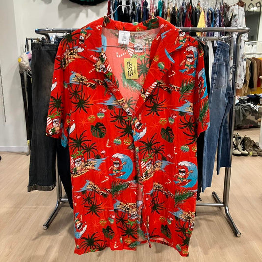 Joy red hawaiian shirt with santa surfing