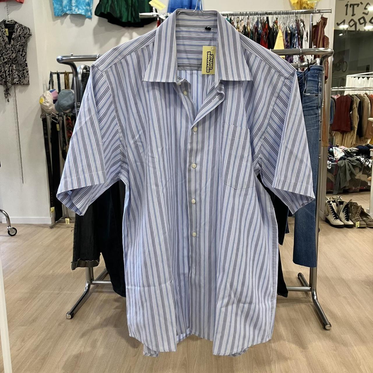 Blue and white striped short sleeve button up shirt