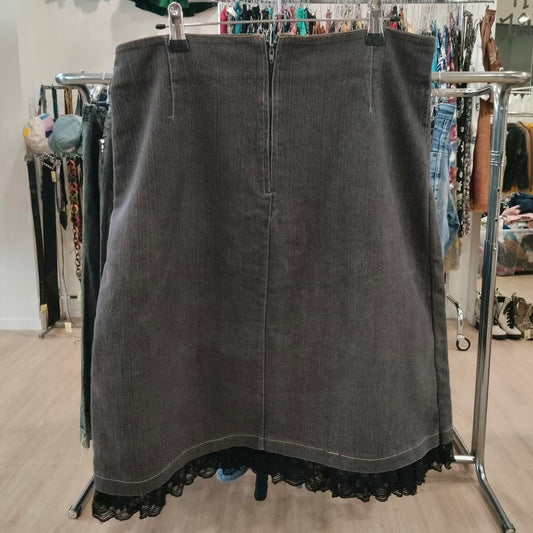 dark grey denim midi skirt with lace